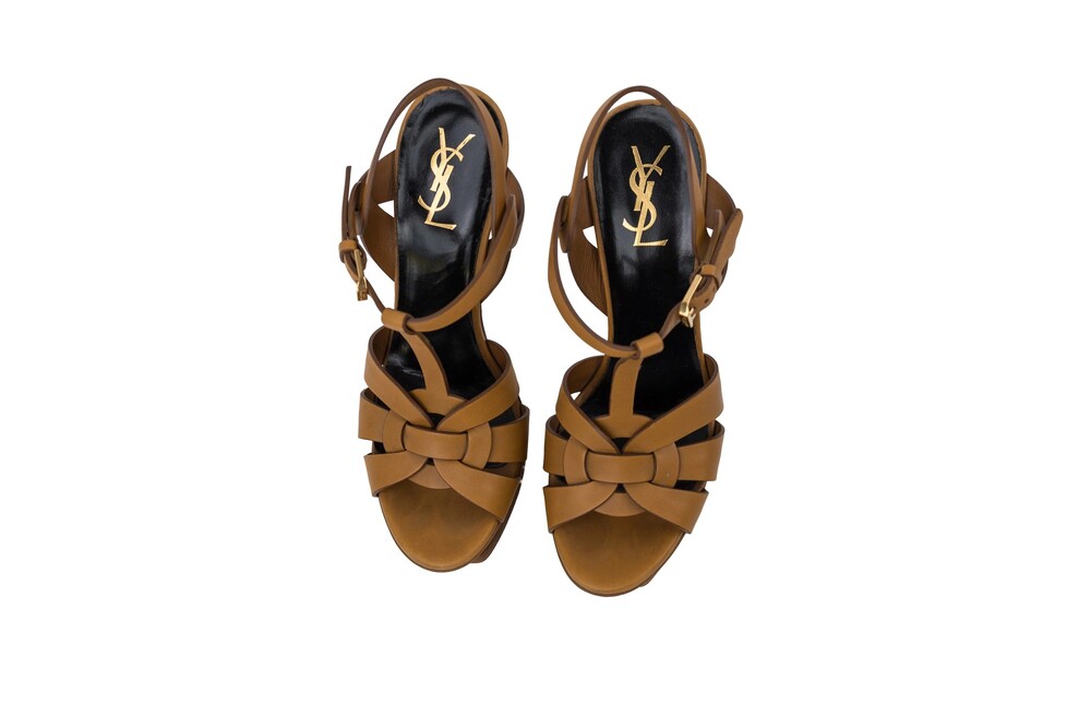 Saint Laurent Tan Brown Tribute Platform Sandal Calfskin Leather Gold Hardware S - Picture 3 of 12
